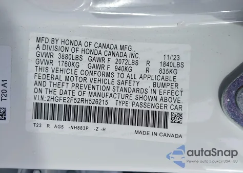 2024 Honda Civic Sport из США, поврежденный, VIN 2HGFE2F52RH526215